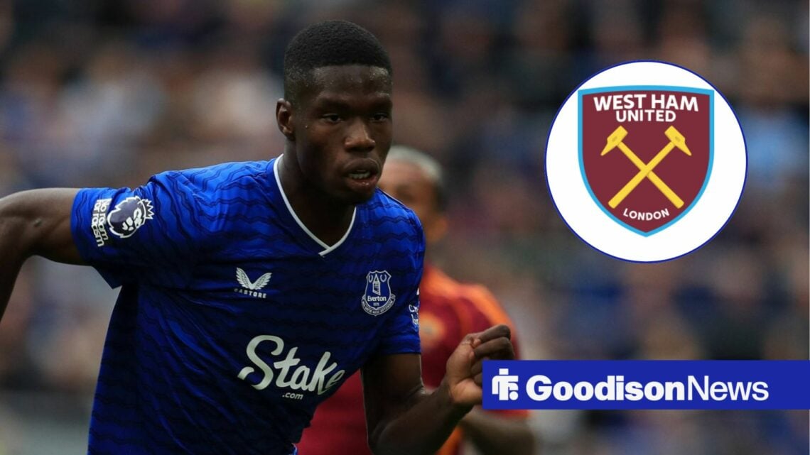 Everton star Thierno Barry in action, West Ham badge in inset.