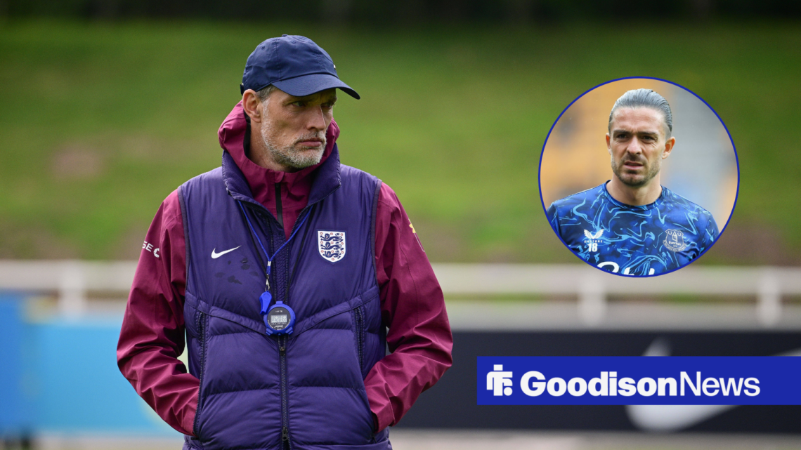 England manager Thomas Tuchel watching on, Everton ace Jack Grealish confused in inset.