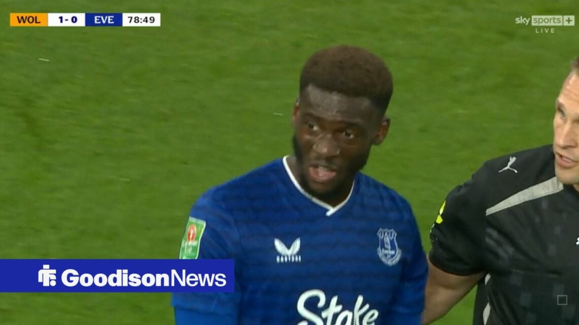 Everton star Tim Iroegbunam looking shocked.