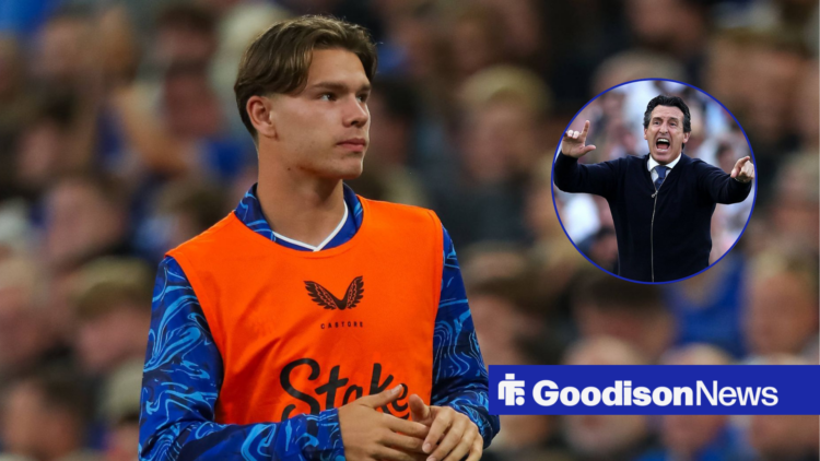 Everton star Tyler Dibling, Unai Emery in inset.