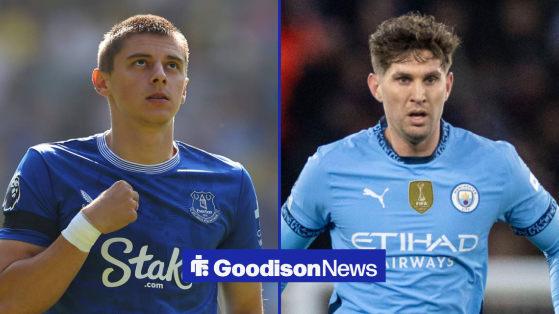 Everton star Vitaliy Mykolenko, Manchester City ace John Stones.