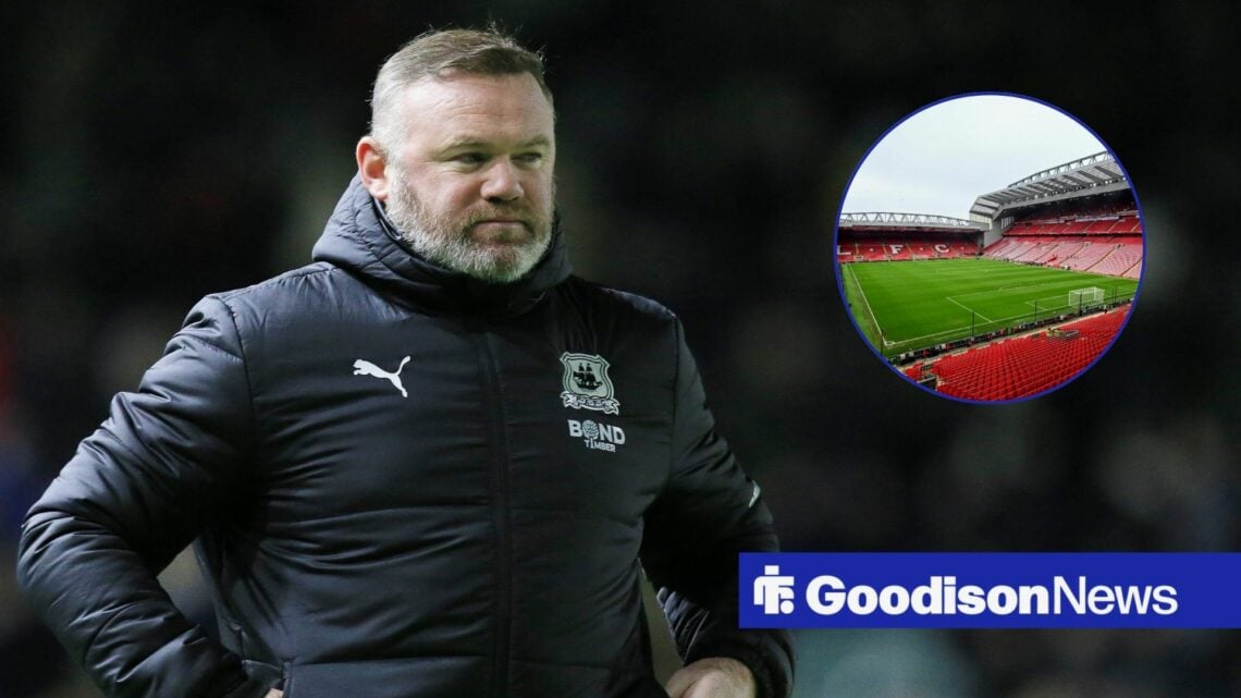 Wayne Rooney looking annoyed, Anfield in inset.