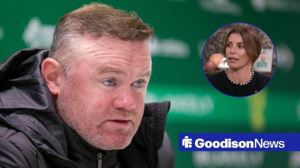 Everton legend Wayne Rooney angry, Coleen Rooney in inset.
