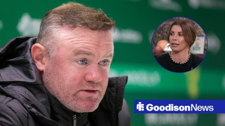 Everton legend Wayne Rooney angry, Coleen Rooney in inset.