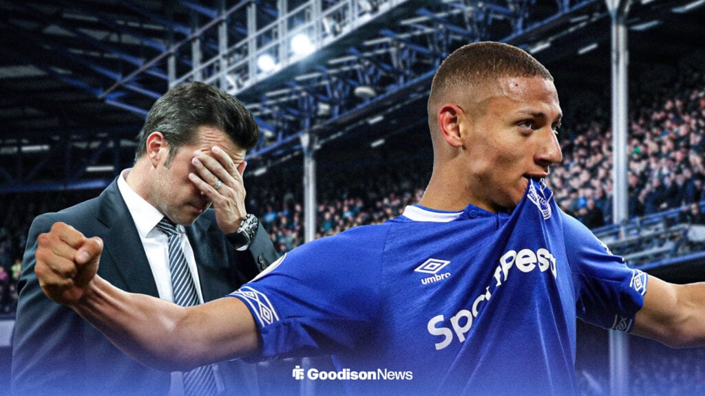 Richarlison celebrating with Marco Silva with face in hands