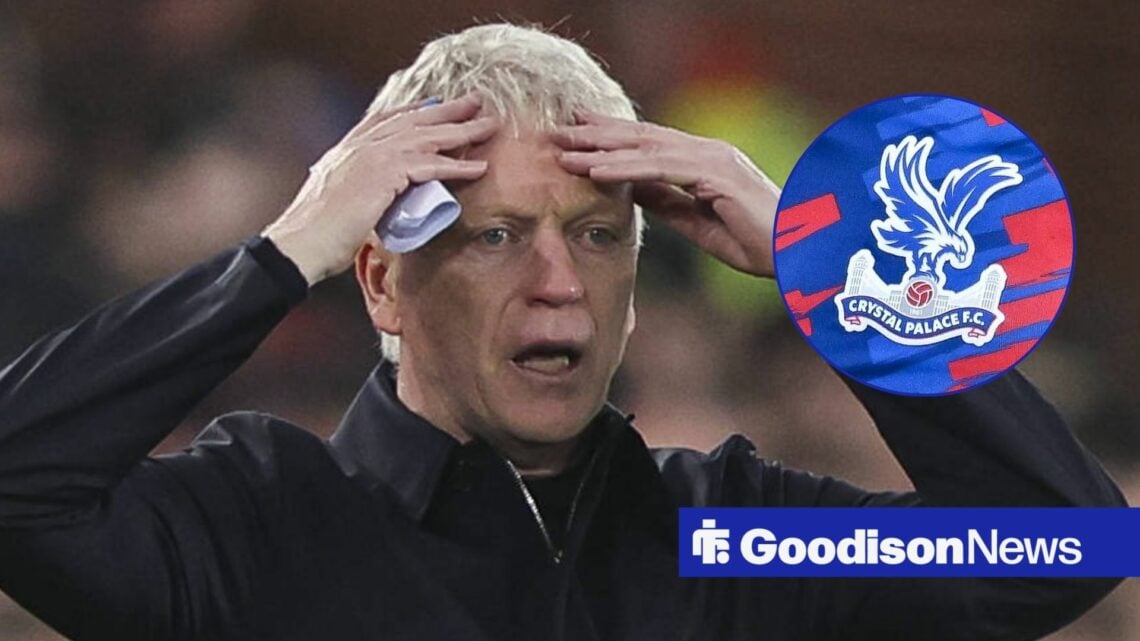 David Moyes with hands on head with Crystal Palace badge in circle