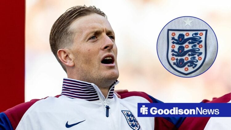 Jordan Pickford singing with England badge in circle
