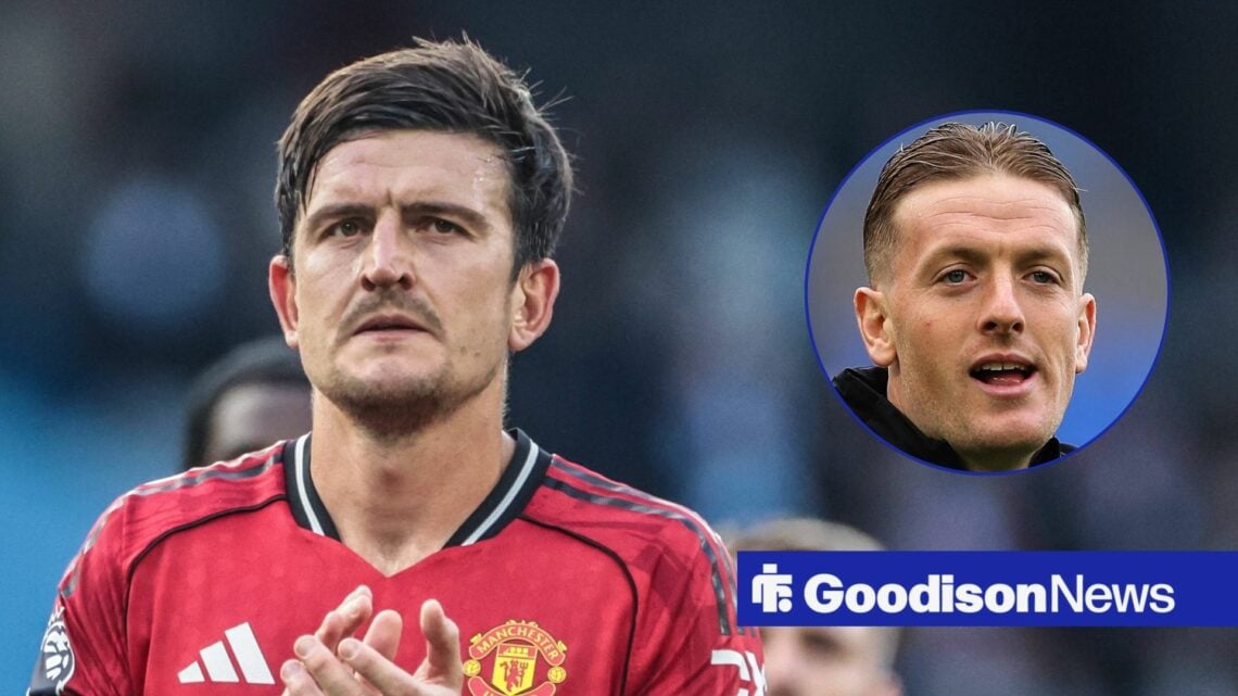 Manchester United defender Harry Maguire claps with Everton goalkeeper Jordan Pickford inset