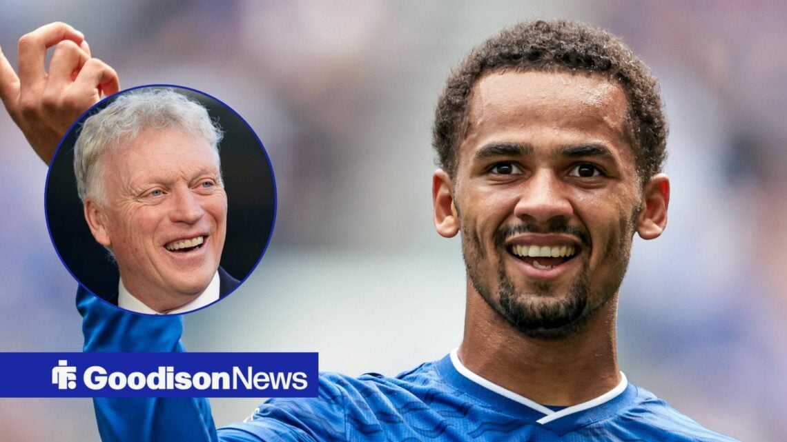 Everton winger Iliman Ndiaye celebrates with David Moyes smiles inset