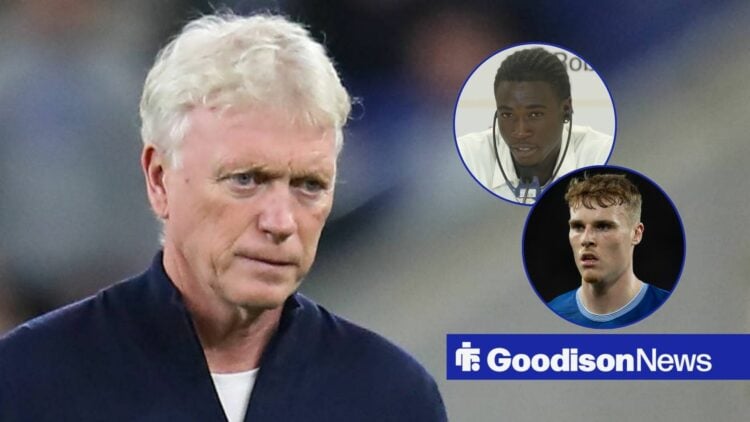 David Moyes looking annoyed towards circle insets of Kojo Peprah Oppong and Jake O'Brien
