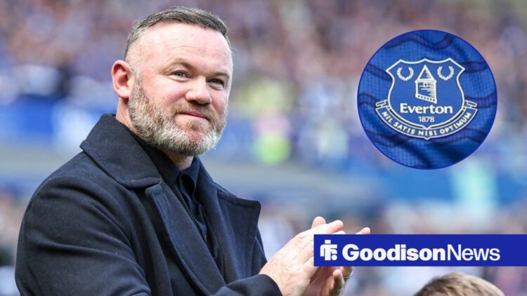 Wayne Rooney smiling and clapping looking towards an Everton badge in a circle inset