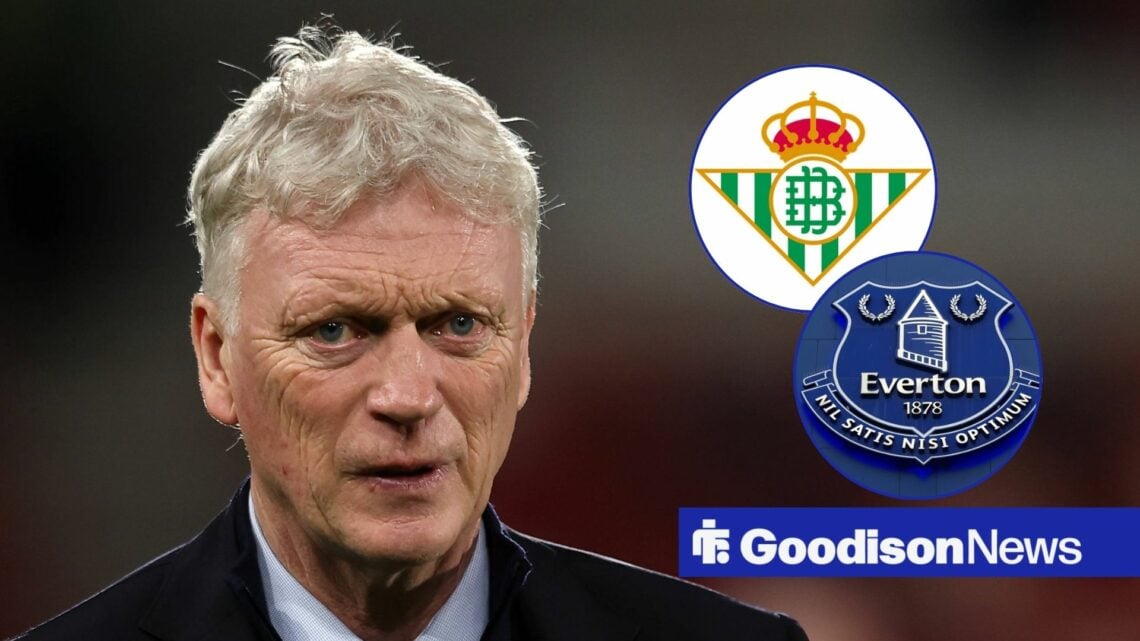 David Moyes facing forward and Real Betis and Everton badges in circular insets