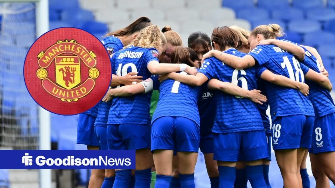 Everton Women in huddle with Manchester United logo in circle