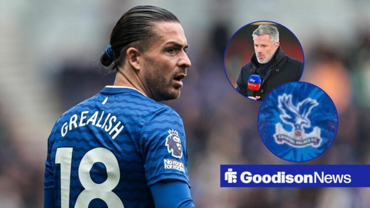 Jack Grealish at the Hill Dickinson in Everton's home kit with Jamie Carragher and the Crystal Palace badge in a circle inset