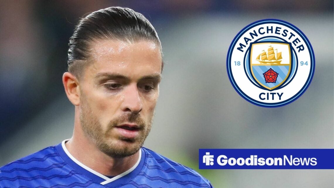 Jack Grealish looking down alongside a circle inset of the Man City badge.
