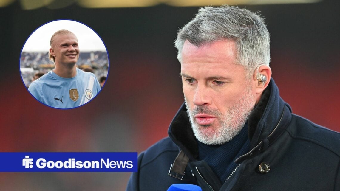 Jamie Carragher alongside a circle inset of Erling Haaland.