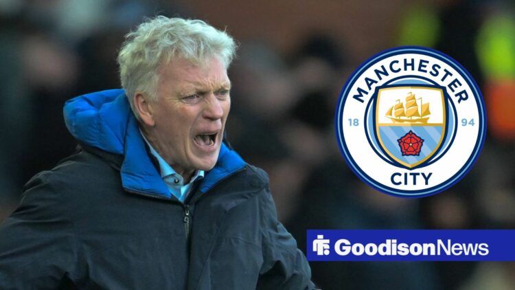 Everton manager David Moyes shouts with Manchester City badge inset