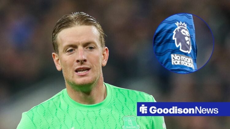Jordan Pickford with an inset of the Premier League logo