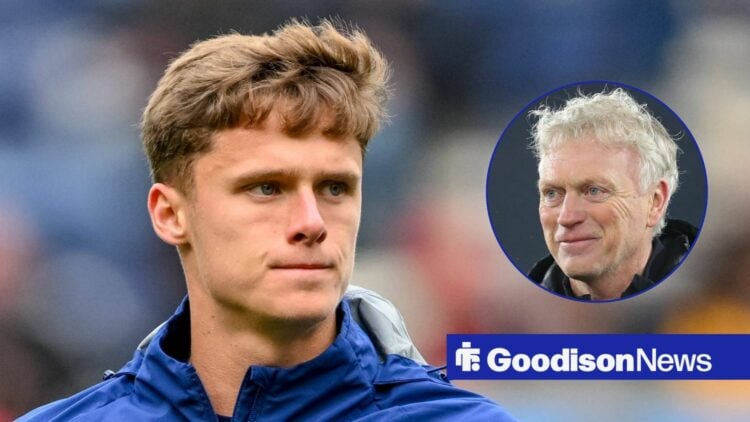 Preston North End midfielder Harrison Armstrong with Everton manager David Moyes smiles inset
