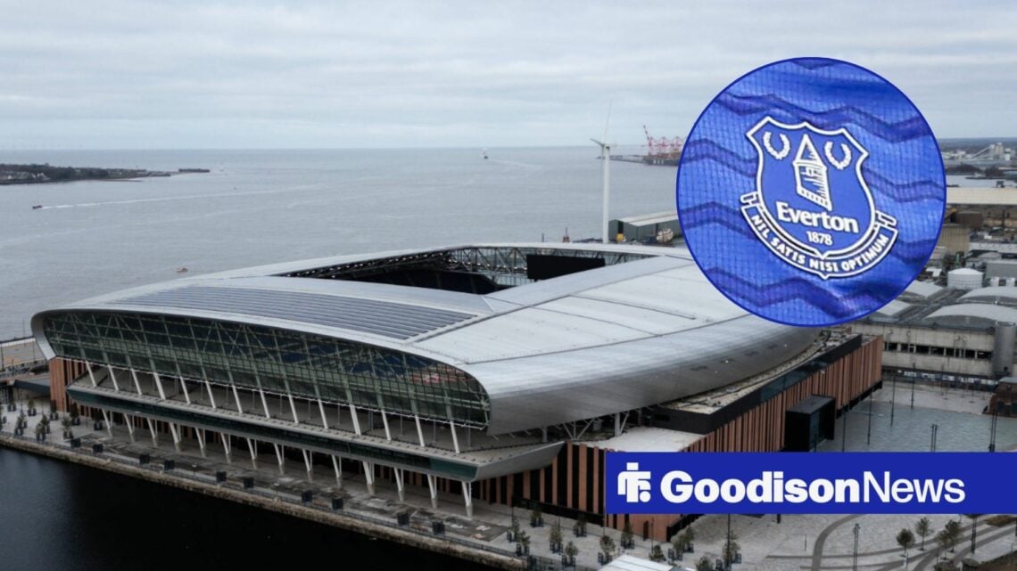 Overhead shot of the Hill Dickinson Stadium with an inset of the Everton logo on the right