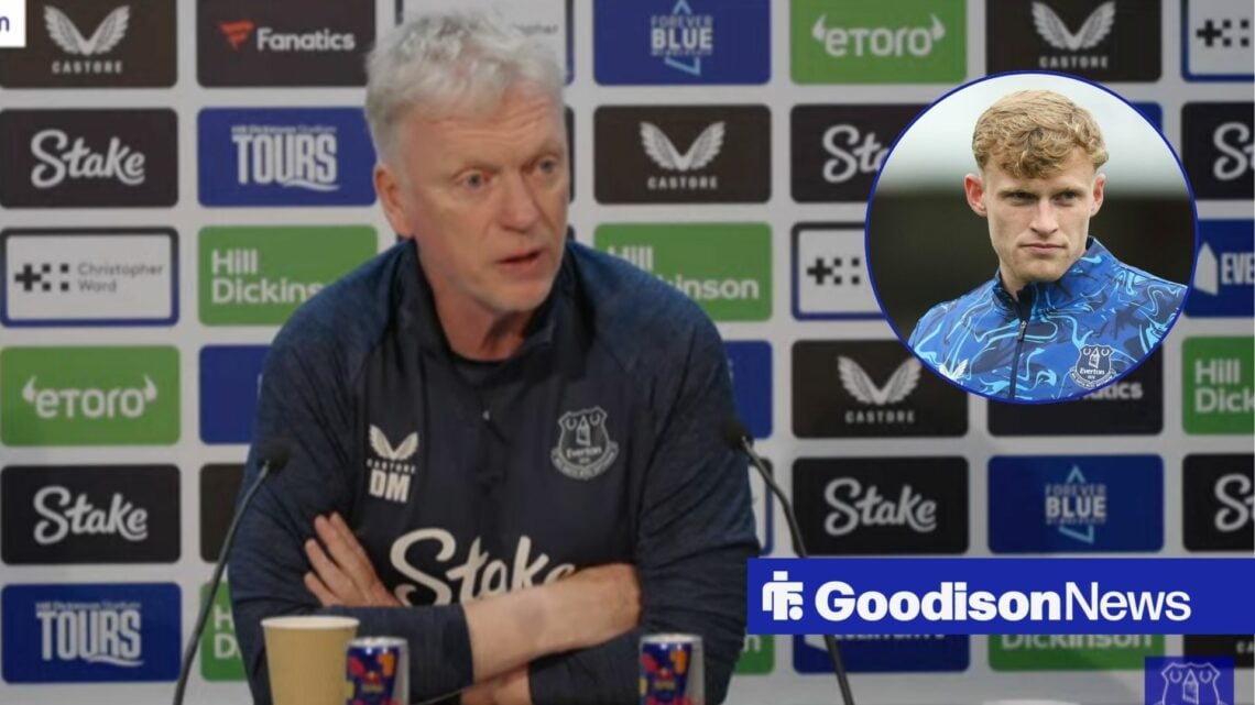 David Moyes speaking at a press conference, with Jarrad Branthwaite in a circular frame