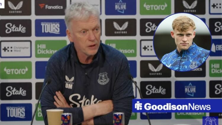 David Moyes speaking at a press conference, with Jarrad Branthwaite in a circular frame