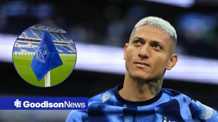 Tottenham forward Richarlison with Everton stadium Hill Dickinson Stadium flag inset