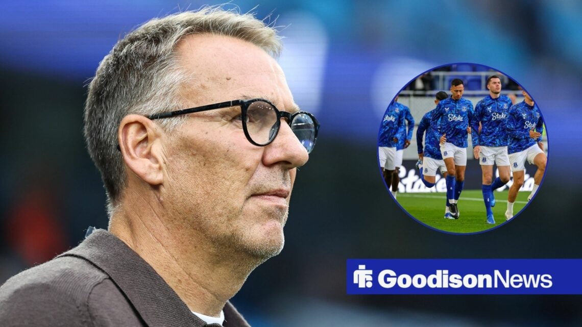 Premier League pundit Paul Merson with Everton players warm up inset