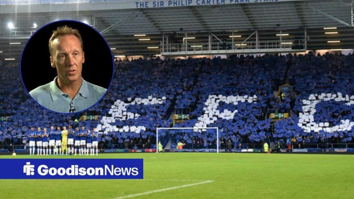 Lee Dixon looking out from a circle inset at Goodison Park