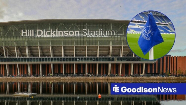 The Hill Dickinson Stadium alongside a circle inset of an Everton corner flag
