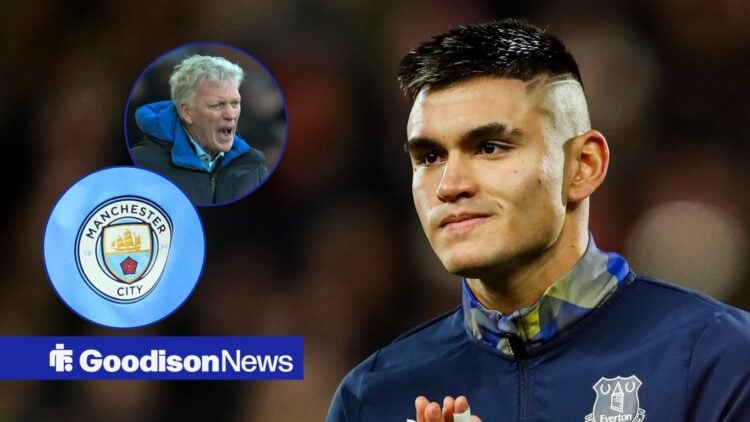 Carlos Alcaraz looking towards an annoyed David Moyes and a Manchester City logo in circle insets