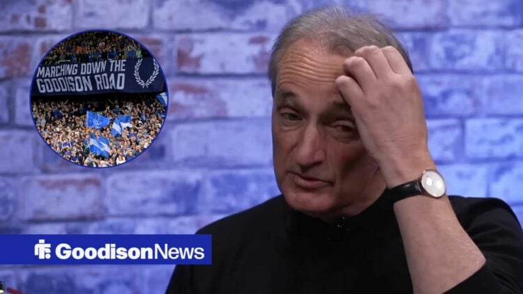 Pat Nevin scratching his head looking away from a circle inset of Everton fans at Goodison Park