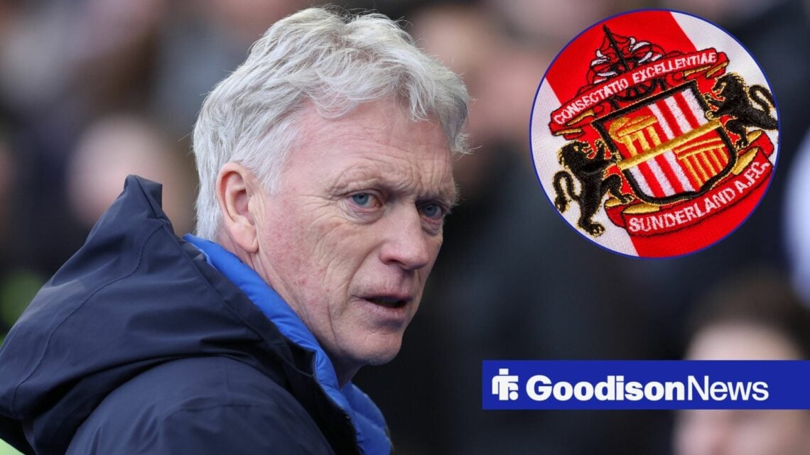 David Moyes looking serious in the direction of the Sunderland badge.