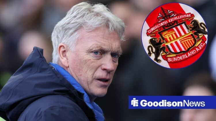 David Moyes looking serious in the direction of the Sunderland badge.