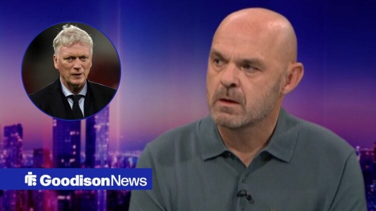 Danny Murphy looking frustrated towards an annoyed David Moyes in a circle inset