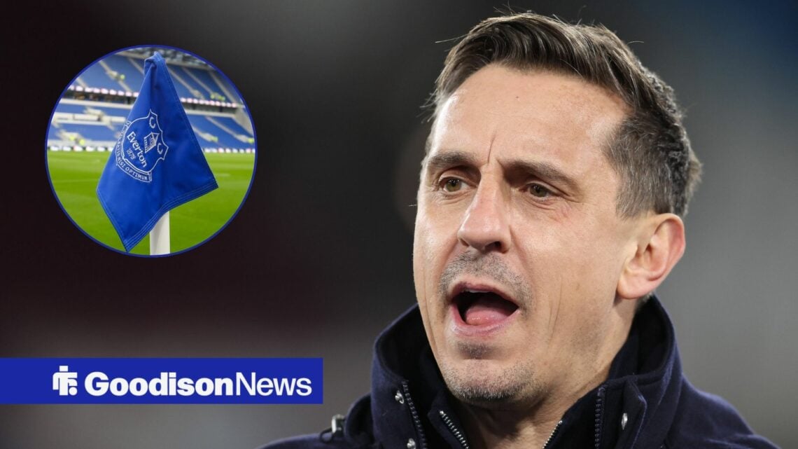 Gary Neville shouting looking towards an Everton flag in a circle inset