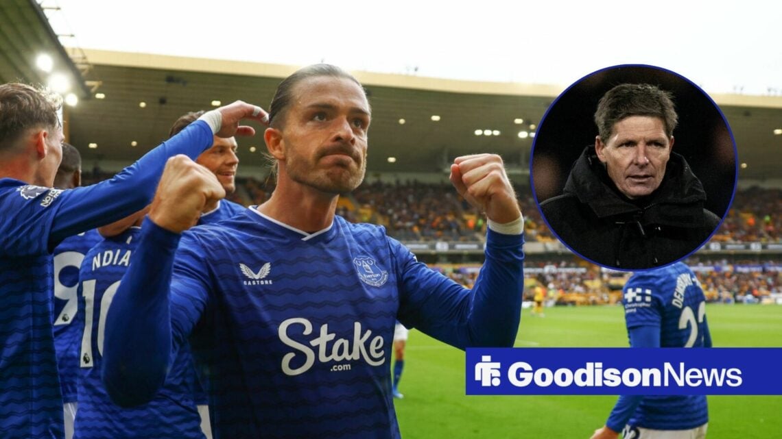 Jack Grealish celebrating with Oliver Glasner in circle
