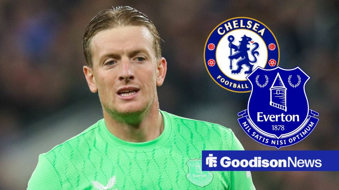 Jordan Pickford in Everton gear, with a Chelsea and Everton badge alongside him