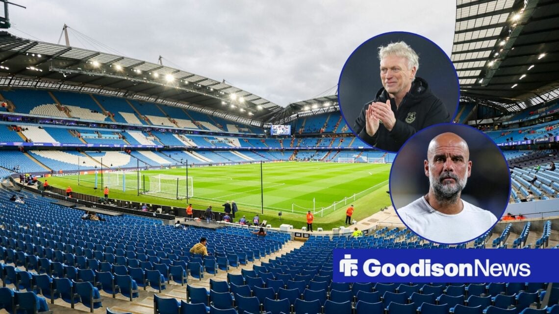 A general shot of the Etihad Stadium, with Pep Guardiola and David Moyes in separate circular frames