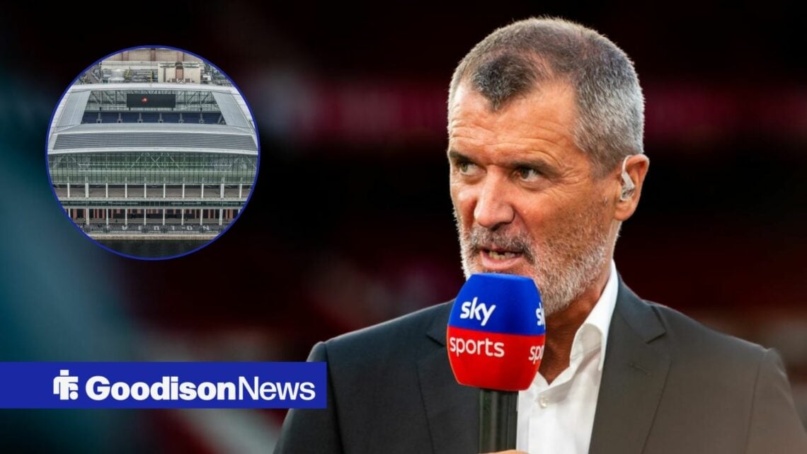 Roy Keane alongside a circle inset of the Hill Dickinson Stadium.