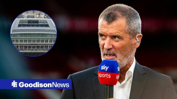 Roy Keane alongside a circle inset of the Hill Dickinson Stadium.