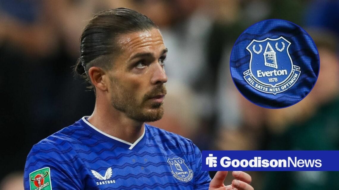 Jack Grealish on the left looking to the Everton badge on the right