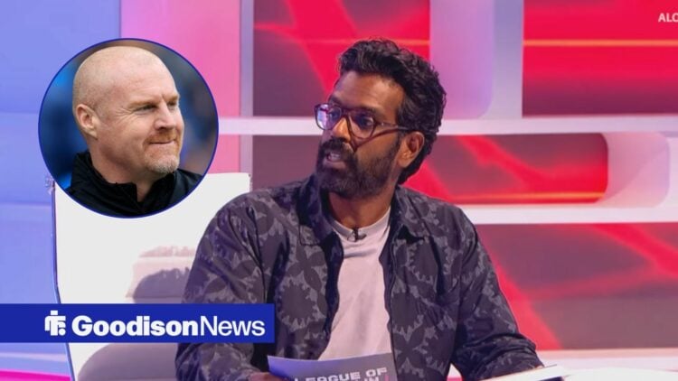 Romesh Ranganathan looks towards a circular frame of Sean Dyche