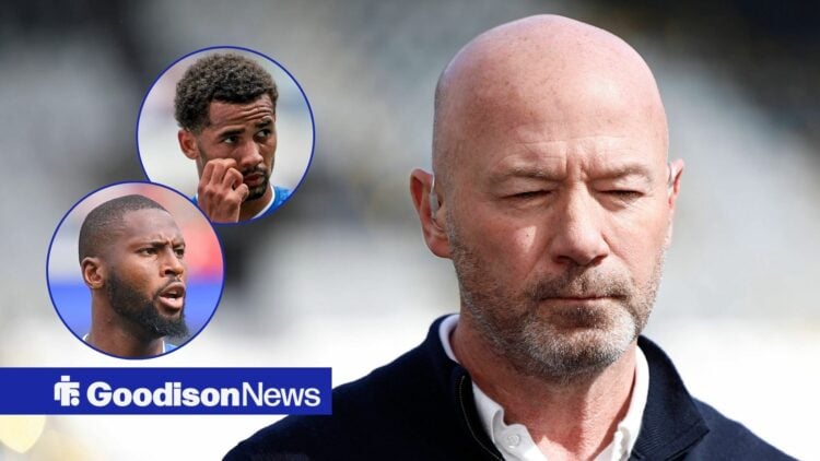 Premier League pundit Alan Shearer with Everton forwards Beto and Iliman Ndiaye inset