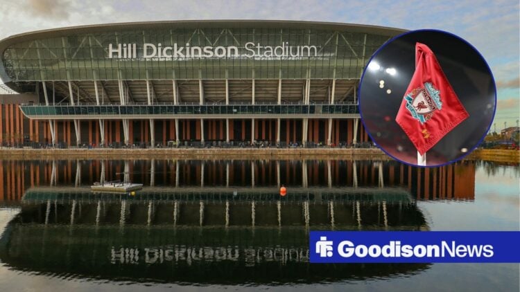 A general shot of the Hill Dickinson Stadium, with a Liverpool flag in a circular frame