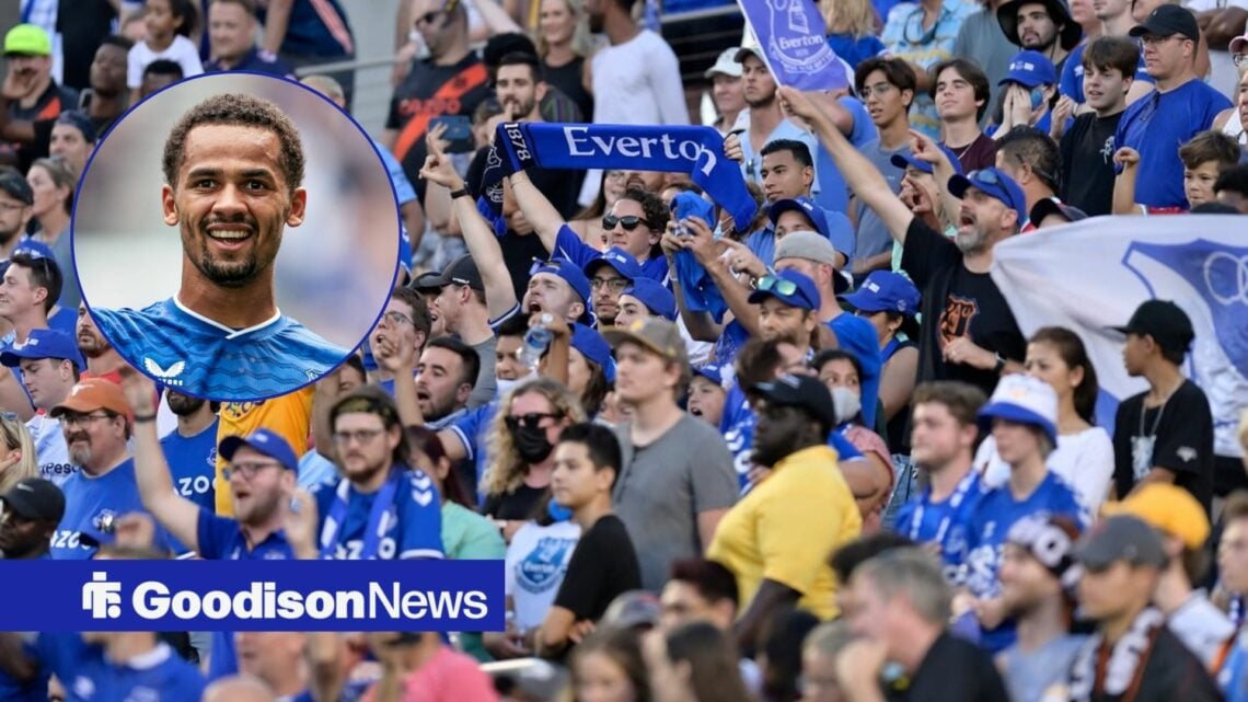 Iliman Ndiaye smiling Everton fans are together