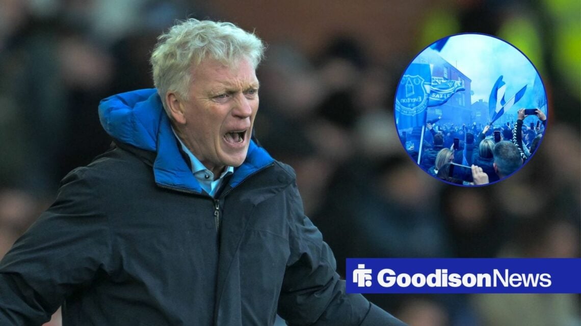 David Moyes alongside a circle inset of Everton fans.