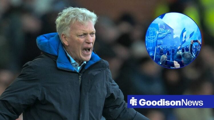 David Moyes alongside a circle inset of Everton fans.