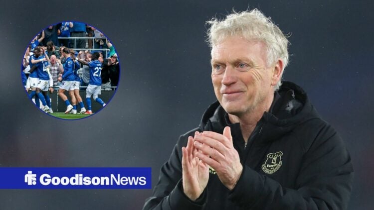 David Moyes applauding alongside a circle inset of the Everton team celebrating a goal.