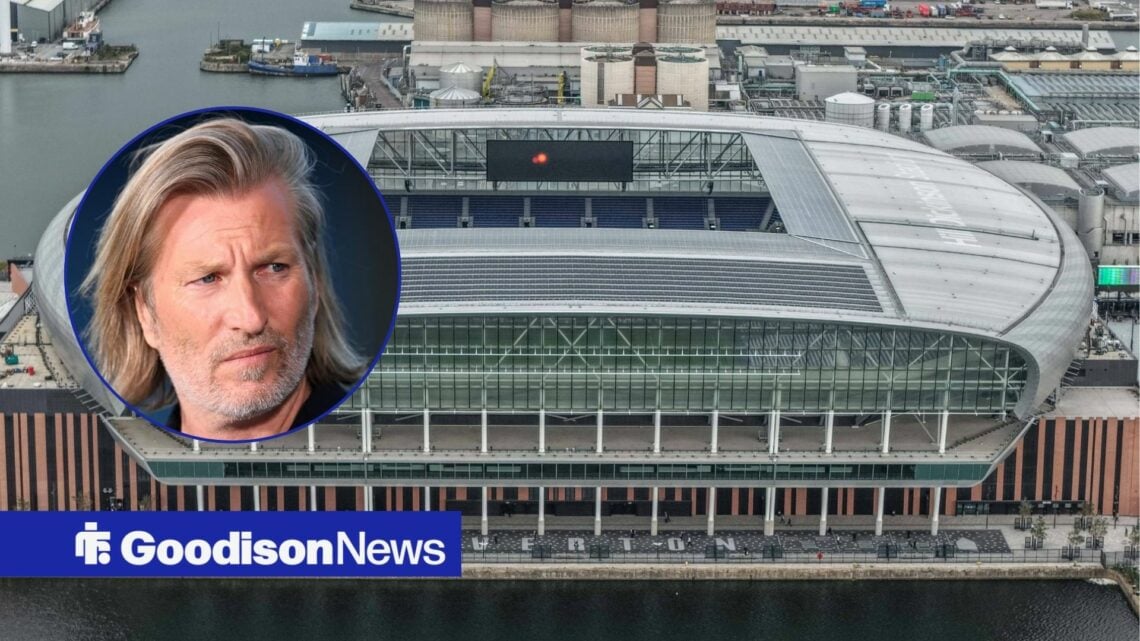 Everton's stadium the Hill Dickinson Stadium with Robbie Savage inset